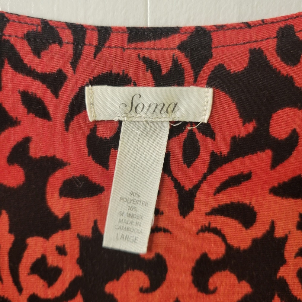 Soma Knit Dress Womens Large Red Orange Damask Empire Waist V-Neck Cap Sleeve - Picture 4 of 15